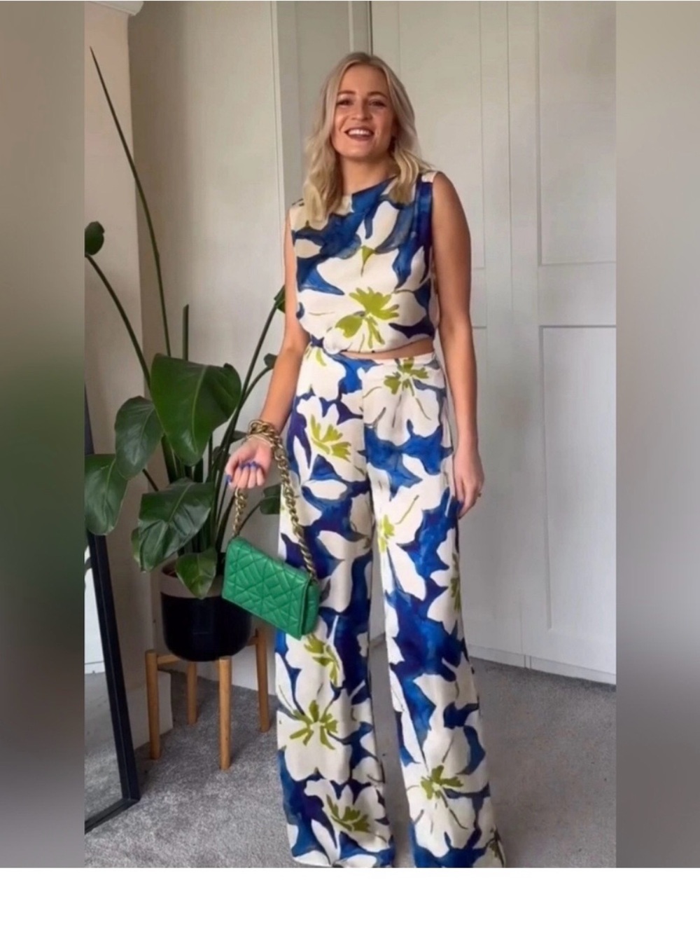 Zara Blue, White & Green Floral Wide-Leg Jumpsuit